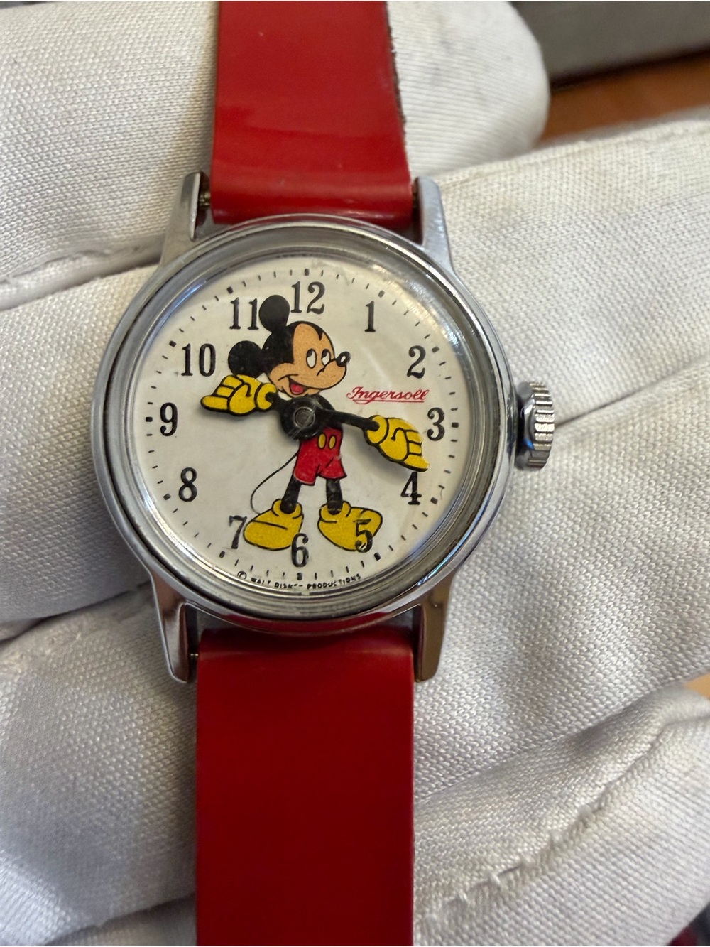 Vintage Mickey Mouse Ingersoll Mechanical Watch - 1950s/60s Disney - Red Strap